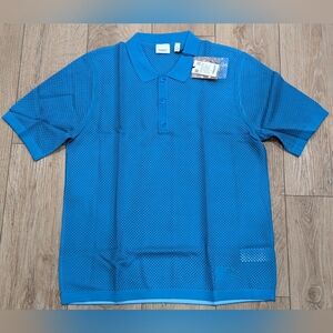 $1090 Mens BURBERRY Mesh Polo Shirt Bright Cerulean Blue Large